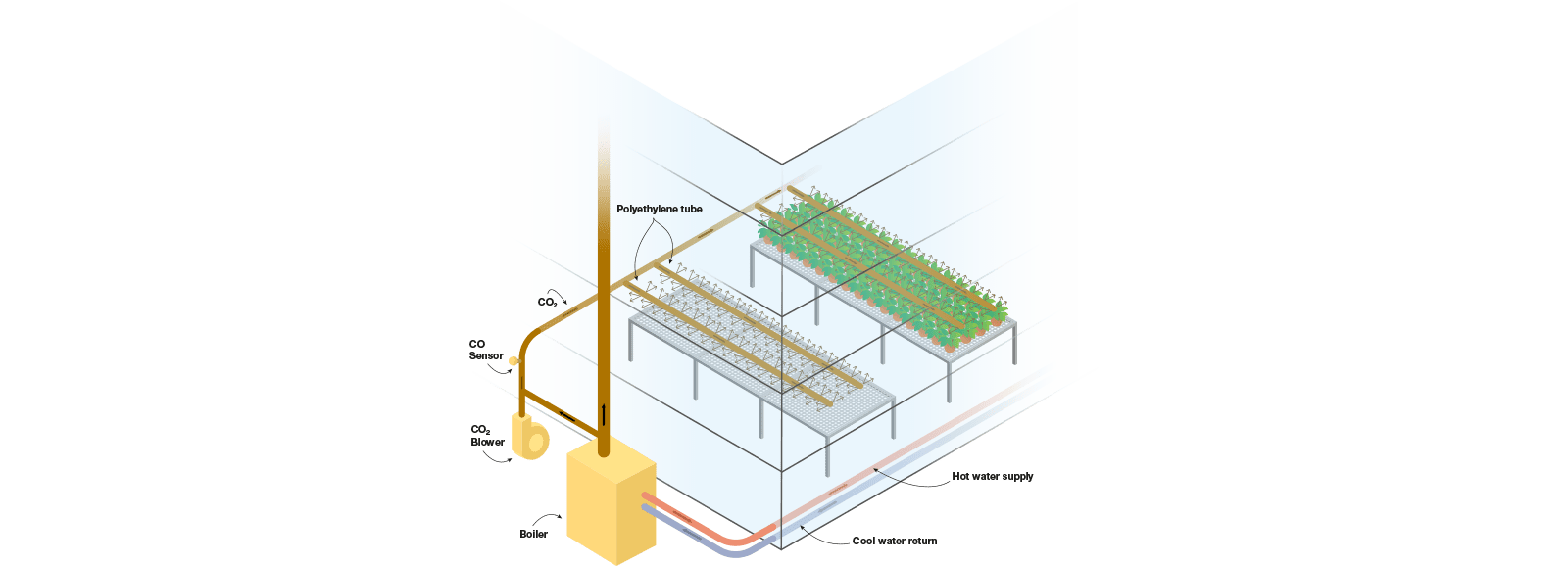 Princípio da distribuição de CO2 numa estufa - Esquema