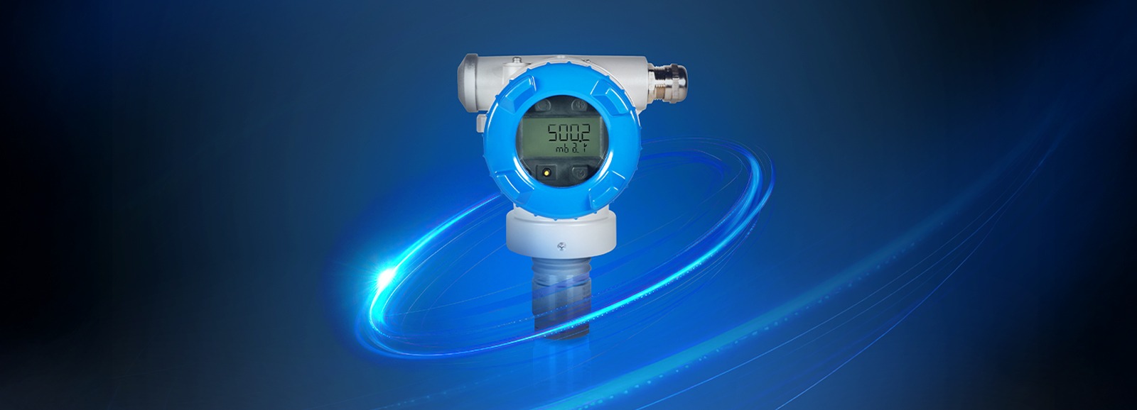 Capteur de pression FKR de Fuji Electric avec boîtier métallique et afficheur digital sur fond bleu lumineux