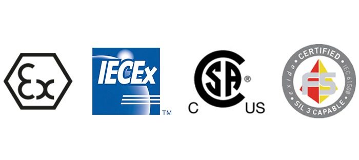 Logos de certifications ATEX, IECEx, CSA et SIL3 liés à la sécurité des équipements industriels