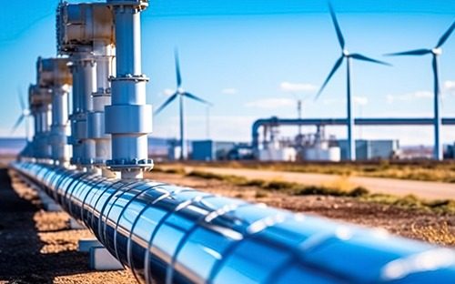 Gazoduc métallique transportant de l’hydrogène à travers un site équipé d’éoliennes