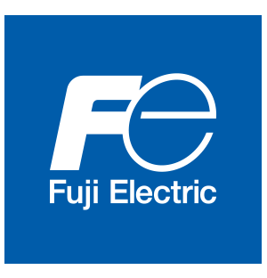Logo de Fuji Electric sur fond bleu avec les initiales FE stylisées en blanc