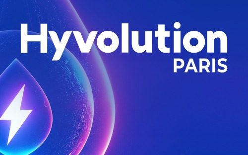Logo Hyvolution Paris accompagné d’un symbole lumineux d’hydrogène sur fond bleu et violet