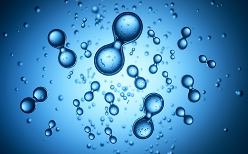 Illustration of blue hydrogen molecules (H2) suspended in a liquid background