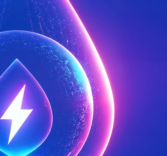 Symbole lumineux en forme de goutte d’hydrogène avec un éclair blanc sur fond bleu et violet