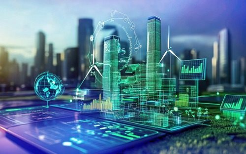 Représentation numérique d’une ville intelligente avec éoliennes, panneaux solaires et données énergétiques