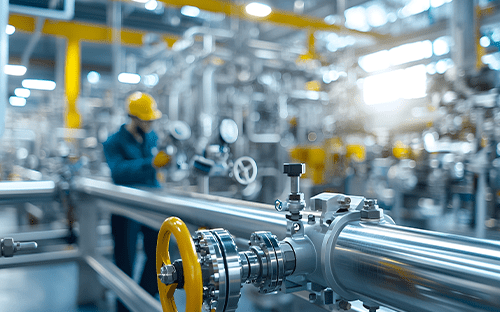 Process line for measuring liquid flow in a factory with an operator controlling the process in the background