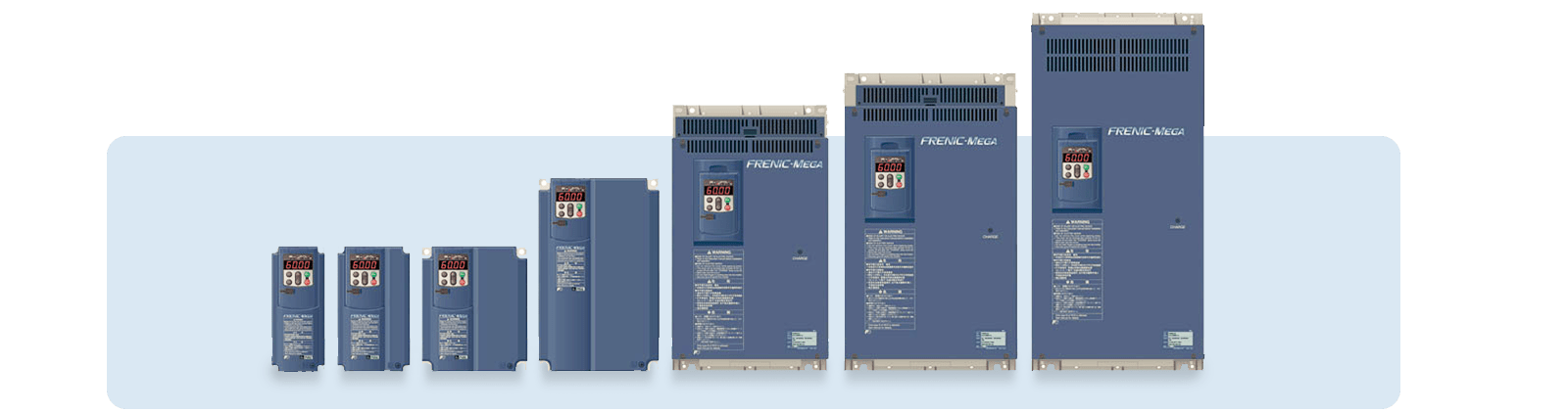 Fuji Electric Frenic-Mega range of variable speed and frequency drives, listed in ascending order of size, for industrial applications