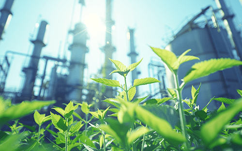 Grüne Triebe im Vordergrund vor einer Industrieanlage, die die Integration nachhaltiger Energielösungen veranschaulichen