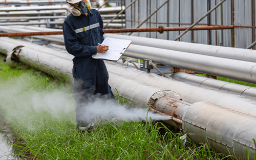 Bir bakım kontrolü sırasında, bir tablet kullanarak dış borudaki buhar sızıntısını inceleyen endüstri teknisyeni