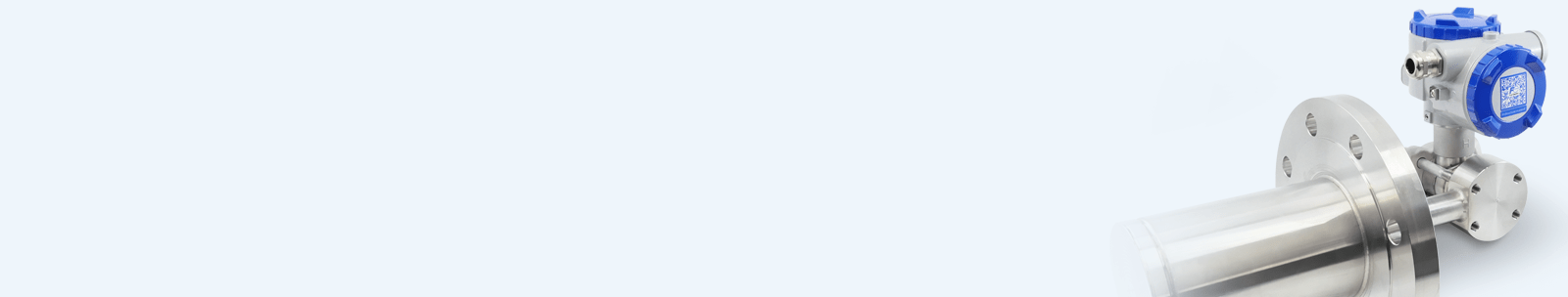 Hydrostatic level transmitter with stainless steel flange and blue electronic housing, shown on a light background