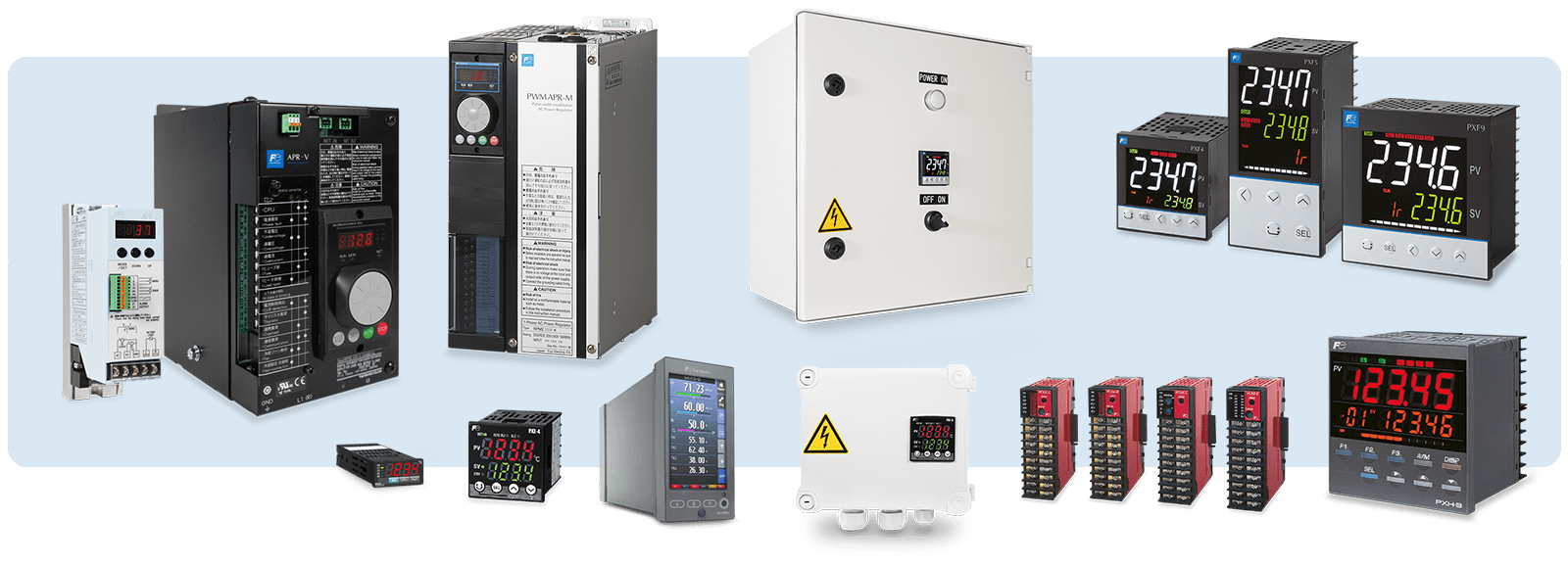 Panoramica dei diversi regolatori di temperatura industriali e moduli di controllo montati su pannello frontale, in armadio o su guida DIN