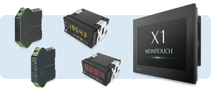 Set di soluzioni per l'automazione industriale con moduli di controllo, display digitali e schermo HMI Monitouch X1