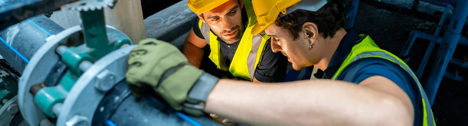 Two technicians wearing helmets inspecting a flow meter installed on an industrial pipe in a technical environment