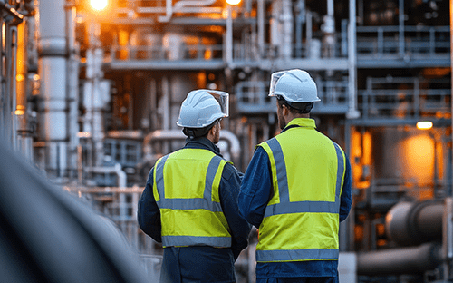 Two technicians in safety gear observing a complex industrial installation with piping and process equipment