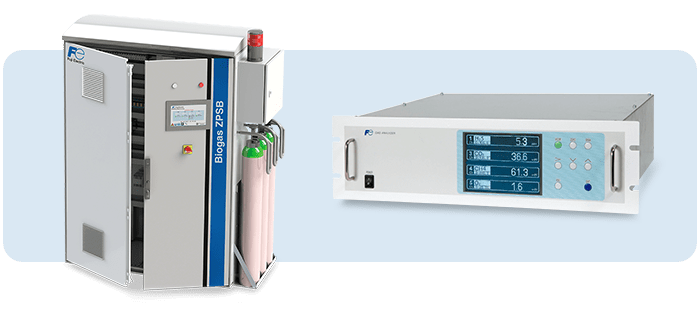 Analisador de biogás em armário com garrafas de gás e módulo rack de medição