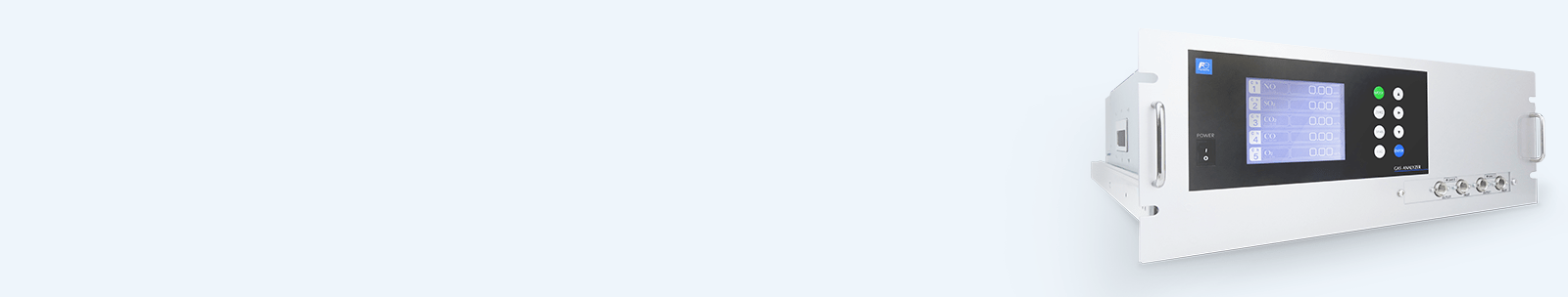 Analisador de gases industriais em rack com ecrã LCD e conexões