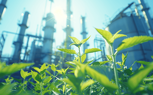 Jovens rebentos verdes em primeiro plano diante de uma instalação industrial com chaminés