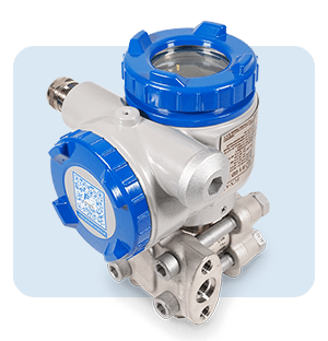 Pressure transmitter with white industrial housing and blue covers