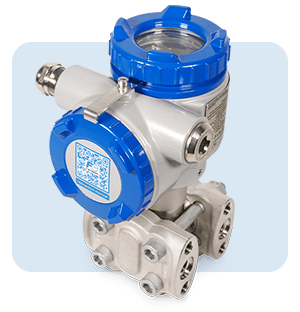 Pressure transmitter with white industrial housing and double blue covers