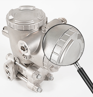 Capteur de pression industriel en acier inoxydable avec bo&icirc;tier &agrave; couvercle viss&eacute; et loupe sur le capot