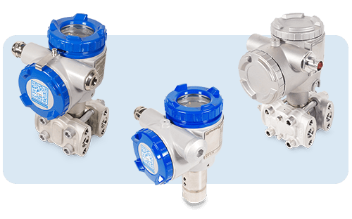 Three pressure transmitters with metal housing and blue cover