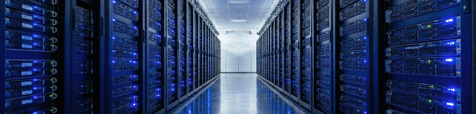 Rows of servers in a data center with blue lighting and a reflective central aisle