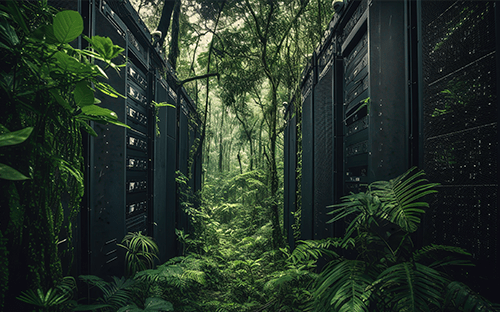 Rows of servers installed outdoors in the middle of dense vegetation