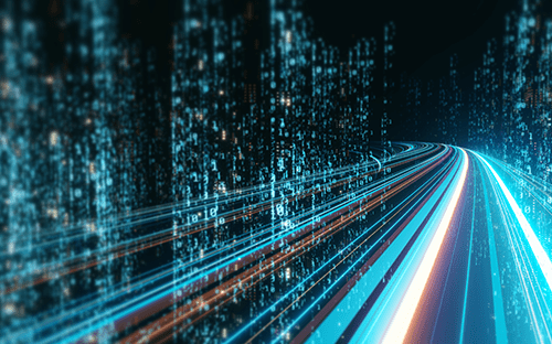 Soyut bir teknolojik ortamı geçen ışıklı çizgilerle temsil edilen dijital veri akışı