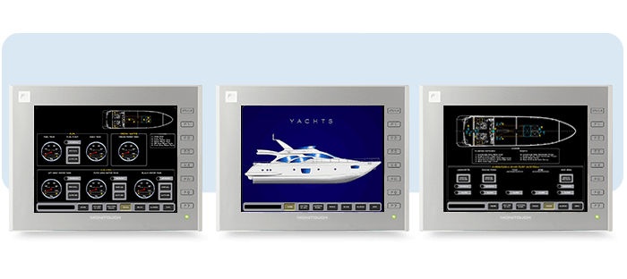 Gösterge panelleri, yat görüntüleme ve özelleştirilebilir işlevsel şemaları gösteren üç adet Monitouch Marine HMI ekranı