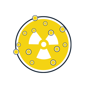 Darstellung der radioaktiven Kontamination mit Strahlungssymbol und an einer Oberfläche haftenden Partikeln, die eine kontaminierte Quelle darstellen