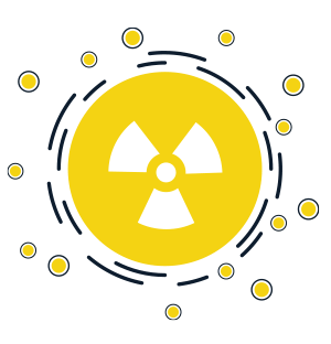 Illustration der Strahlenbelastung mit einem zentralen Strahlungssymbol, umgeben von Partikeln, die die Exposition gegenüber einem Strahlungsfeld darstellen.