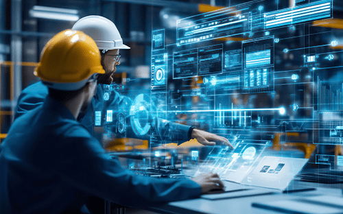 Dois engenheiros analisam dados industriais em ecrãs digitais na sala de controlo.