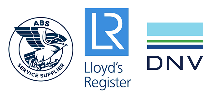 ABS, Lloyd’s Register ve DNV denizcilik sertifikasyon kuruluşlarının logoları, uluslararası düzeyde tanınan uygunluğu gösterir.