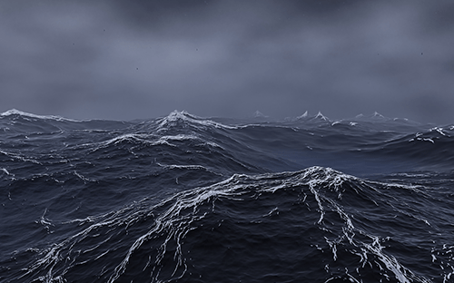 Karanlık gökyüzü altında dalgalı deniz, belirgin dalgalar ve deniz sisi, zorlu deniz koşullarını yansıtıyor.