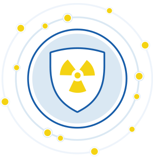 Abbildung eines Schildes mit Strahlungssymbol, umgeben von Partikeln, das den Schutz der Arbeitnehmer vor Strahlung darstellt.