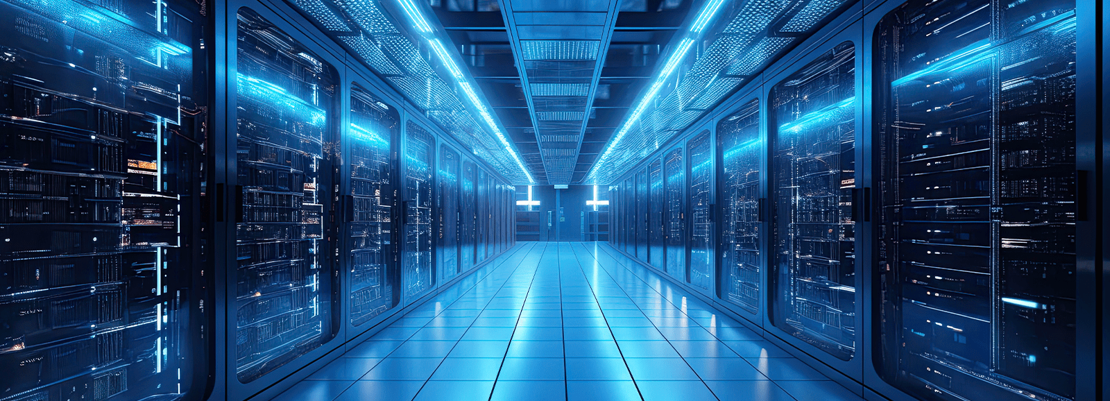Rows of servers in computer room with blue lighting and cold aisle containment