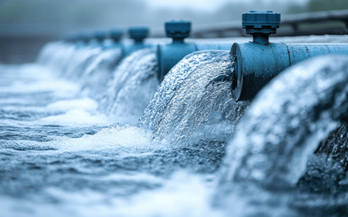 Wasseraustritte aus mehreren Leitungen, die eine Anwendung zur Durchflussmessung von Flüssigkeiten in einer industriellen Umgebung veranschaulichen