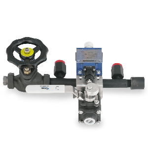 Verteilerblock mit Ventilen und Anschlüssen zum Anschluss und zur Absperrung eines Drucksensors