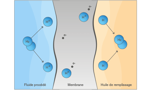 Esquema que ilustra la difusión del hidrógeno H2 a través de la membrana de un sensor de presión hacia el aceite interno.