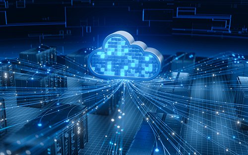 Veri merkezi ortamında, sunuculara bağlı bir bulutun ve ışıklı veri akışının gösterimi