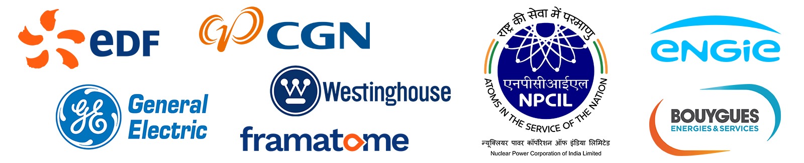 Logotipos de empresas del sector energético y nuclear, entre las que se encuentran EDF, CGN, GE, Westinghouse, NPCIL, Engie y Bouygues
