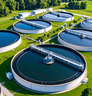 Runde Becken zur Wasseraufbereitung und -wiederverwendung in einer industriellen Kläranlage