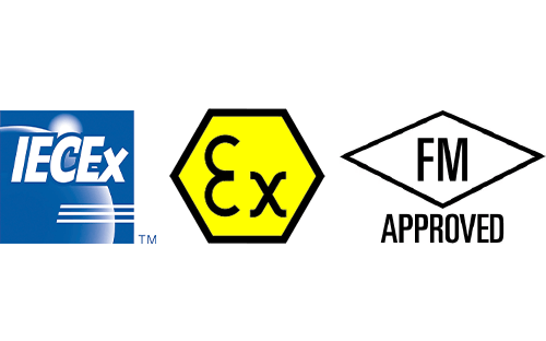 شعارات شهادات IECEx وATEX وFM Approved التي تشير إلى التوافق مع متطلبات المناطق الصناعية الخطرة