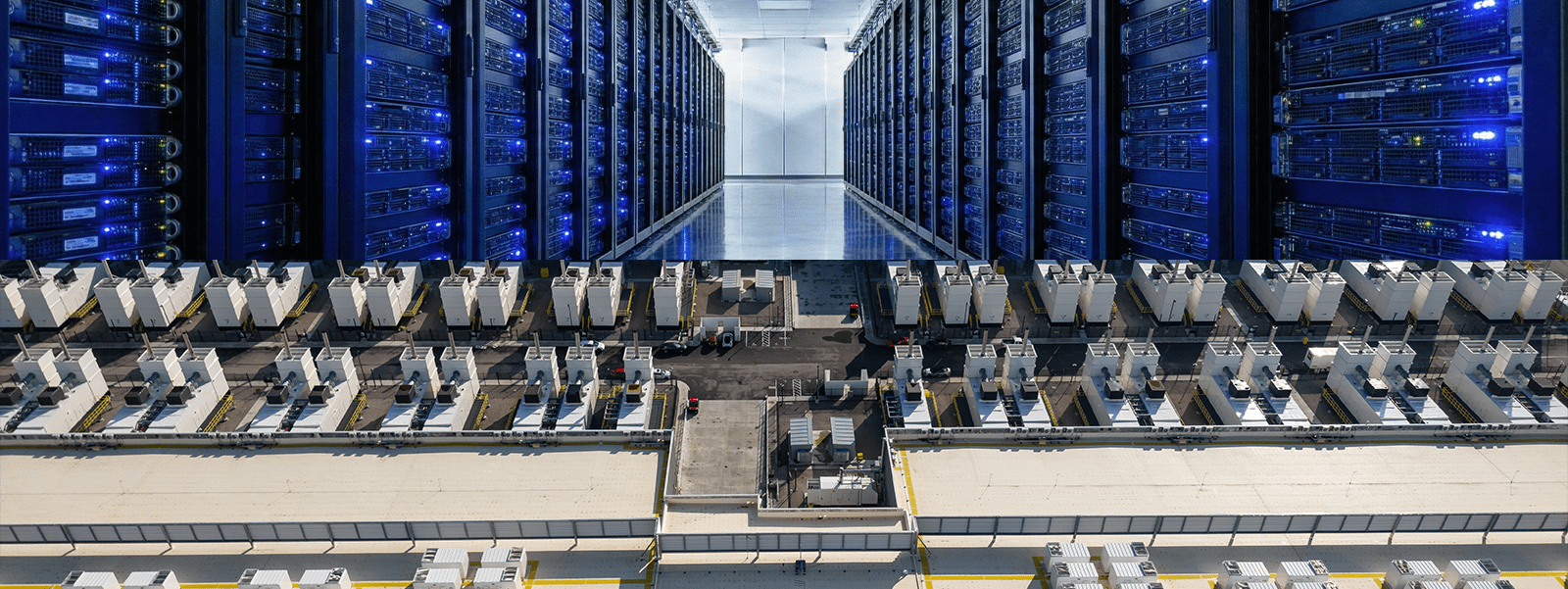 Vue d’un data center avec rangées de serveurs et installations de refroidissement industrielles en toiture