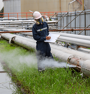 Technicien contrôlant une canalisation vapeur industrielle avec émission de vapeur sur site de production