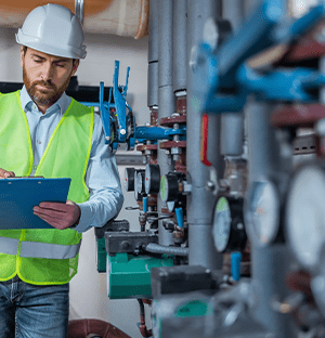 Techniker in einer Warnweste, der eine industrielle Rohrleitungsanlage im Rahmen der Überwachung der Wasserinfrastruktur inspiziert