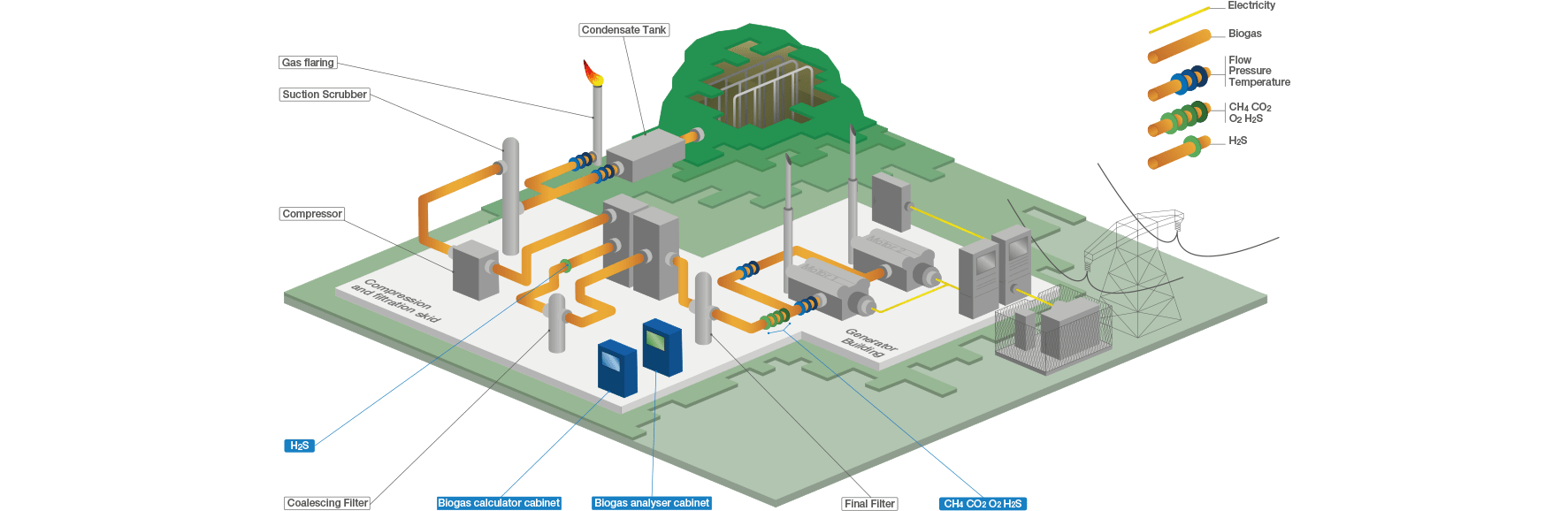 Diagram of an industrial biogas production facility with gas measurement and analysis instruments