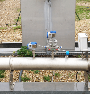 Instruments de mesure du biogaz montés sur une conduite industrielle avec débitmètre et transmetteurs