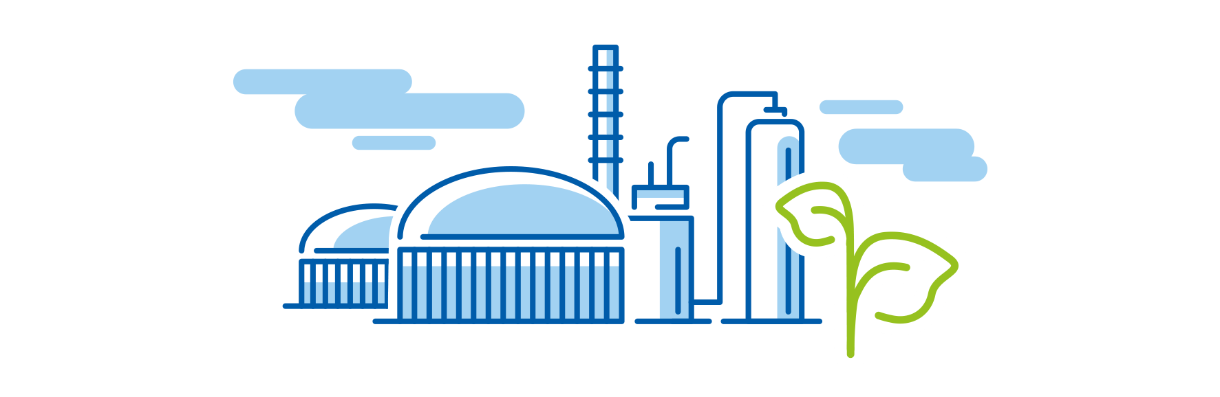 Illustration d’une installation industrielle de production et de comptage du biogaz avec symbole d’énergie renouvelable