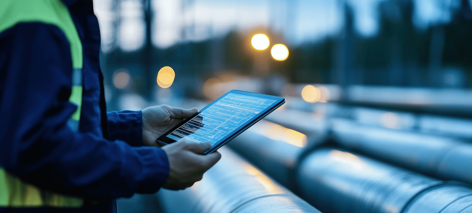 Techniker, der in der Nähe von Industrierohrleitungen ein Tablet zur Überwachung des Wärmeverbrauchs einsetzt